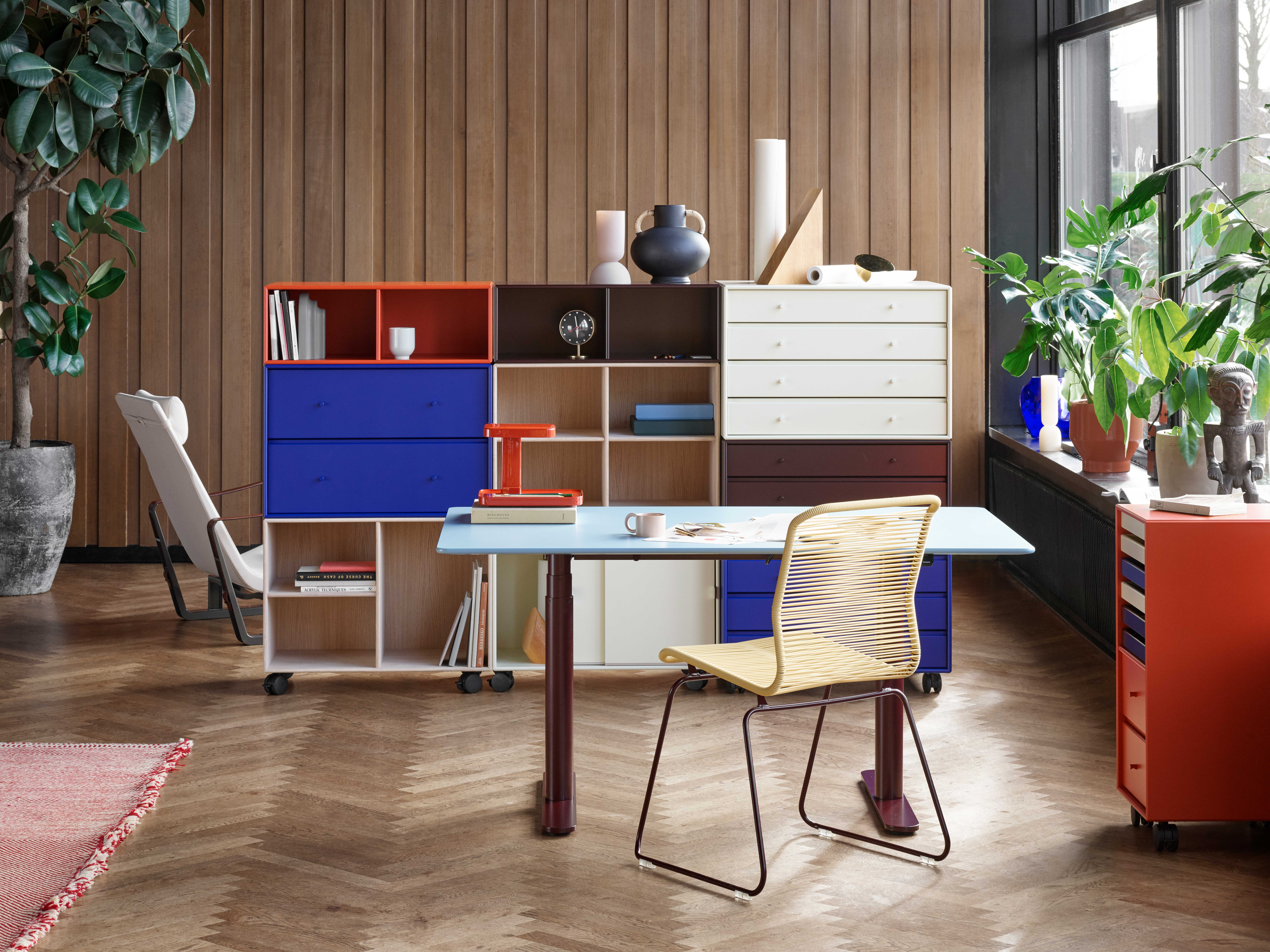 Montana story case furniture ofiice in blue, red, balck and white colors